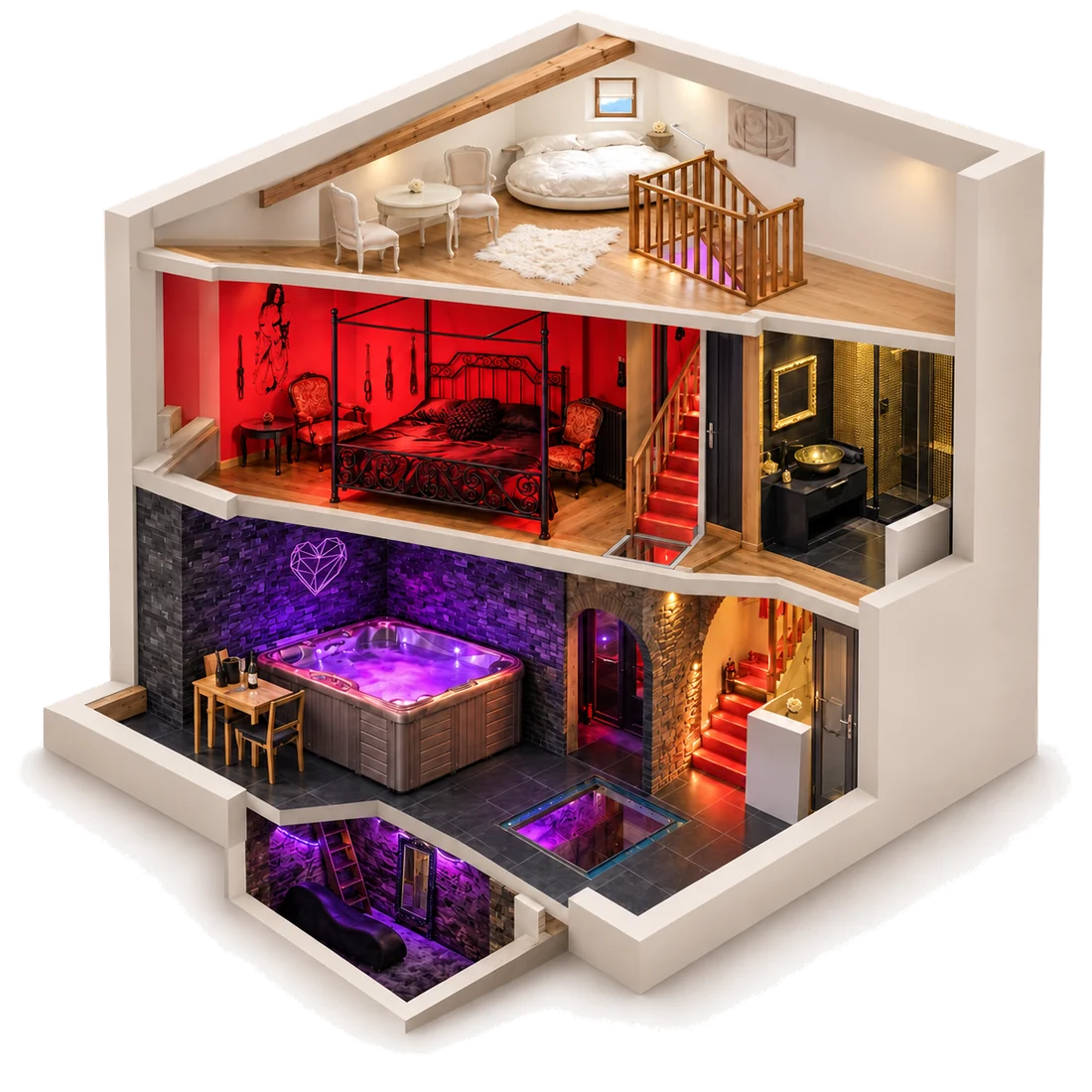 Maquette 3D en coupe du triplex L’AppartOsé à Tresserve, sur trois niveaux